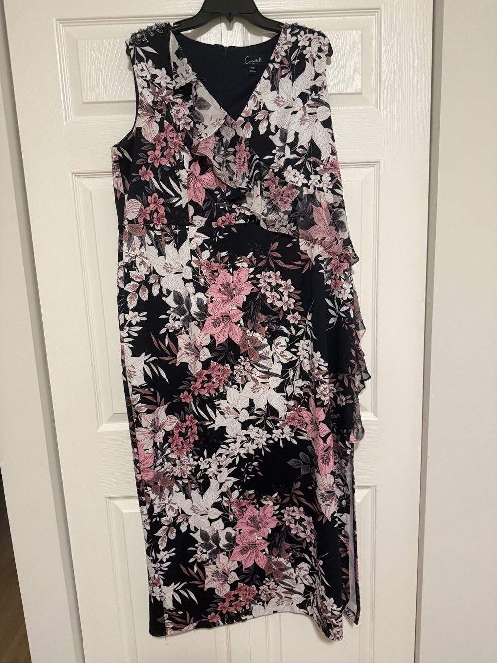 connected apparel Floral Ruffle Dress in Black and Pink